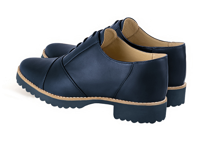 Navy blue women's casual lace-up shoes. Round toe. Flat rubber soles. Rear view - Florence KOOIJMAN